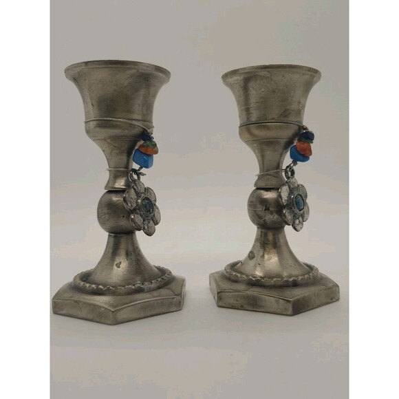 Silver Tone Brass Candlesticks Holders W/ Beads & Flower Charm Appx 3 - Picture 6 of 16